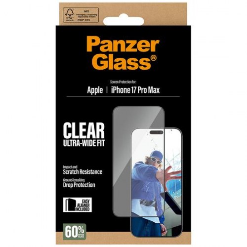 Skærmbeskyttelse til iPhone 17 Pro Max 6,9" – PanzerGlass, Ultra?Wide Fit med EasyAligner