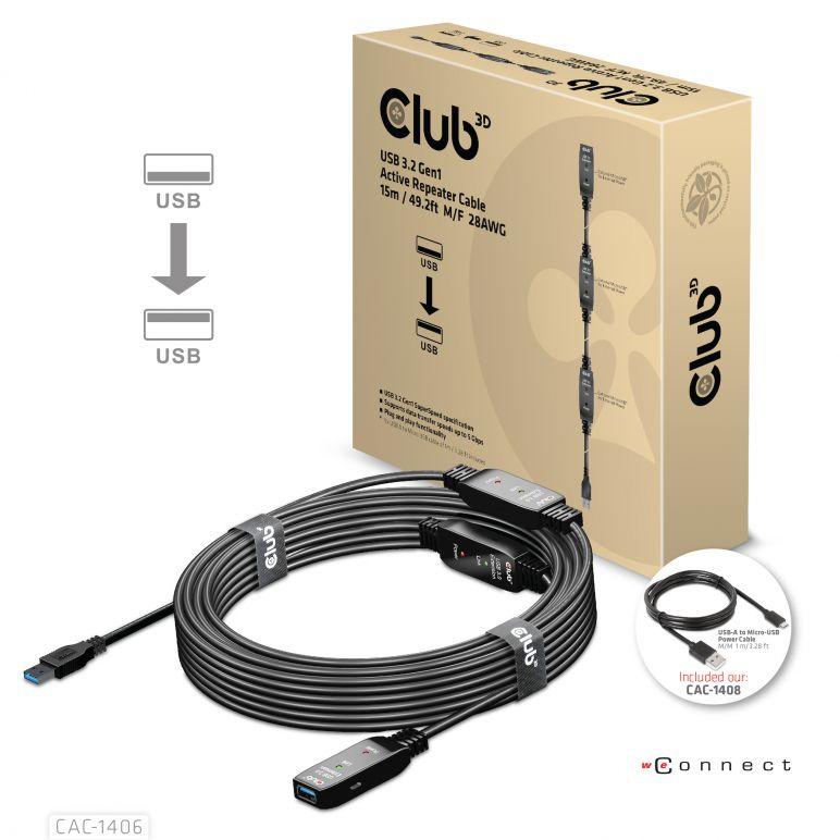 USB forlængerkabel - Club 3D USB-A 3.2 Gen1 aktiv 15 m (sort) billede