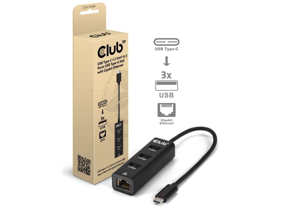 USB-C hub Club 3D 3x USB-A + Gigabit Ethernet (sort)