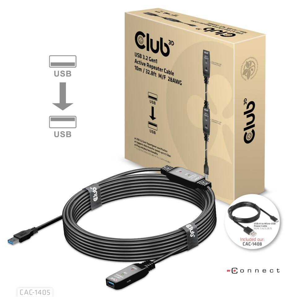 USB forlængerkabel 10 m - Club 3D USB-A 3.2 Gen1 aktiv, sort billede