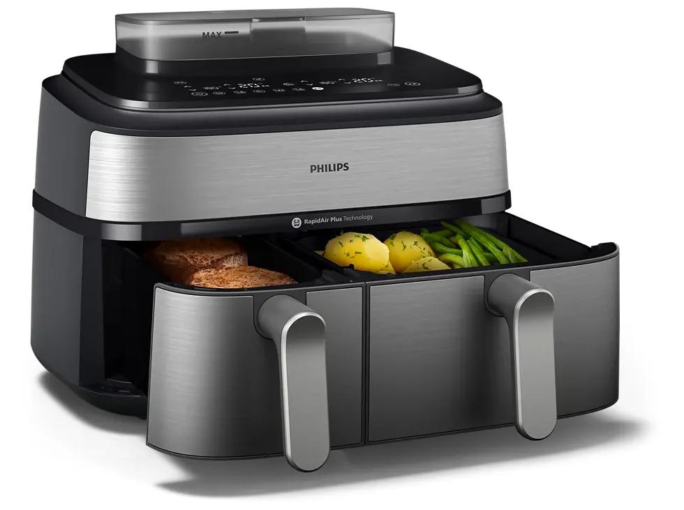 Airfryer med dobbelt kurv – Philips 5000 Series NA555, 9 l, 2.750 W, sølv