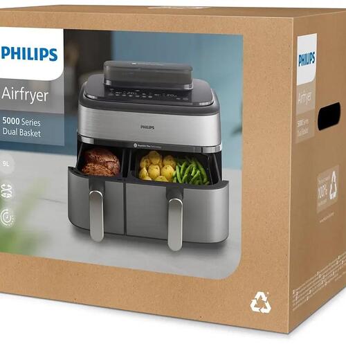 Airfryer med dobbelt kurv – Philips 5000 Series NA555, 9 l, 2.750 W, sølv