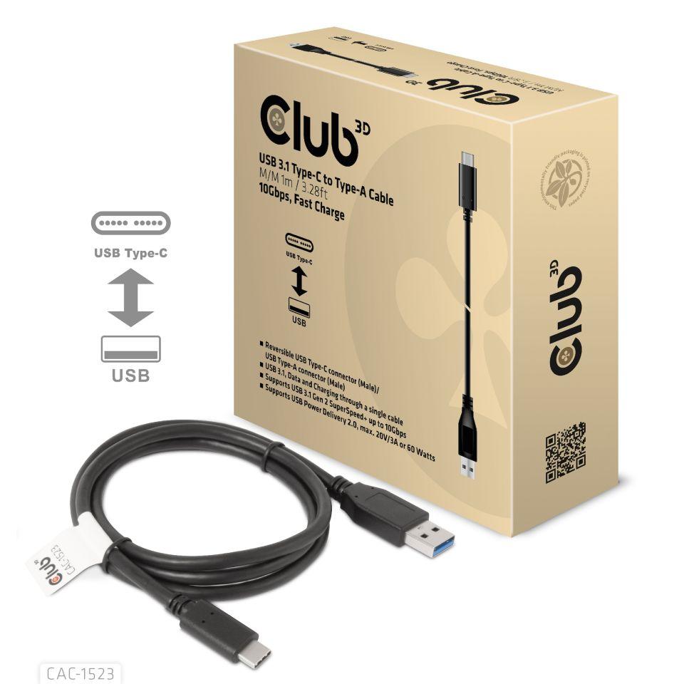 USB-C til USB-A kabel 1 m 10 Gbps 60 W – Club 3D billede