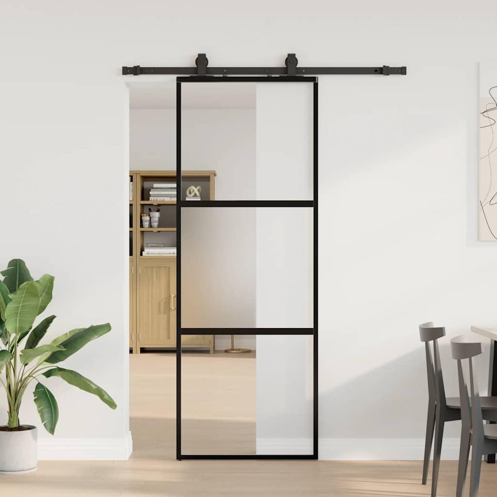 Skydedør 76×205 cm i hærdet glas - sort med hardwaresæt