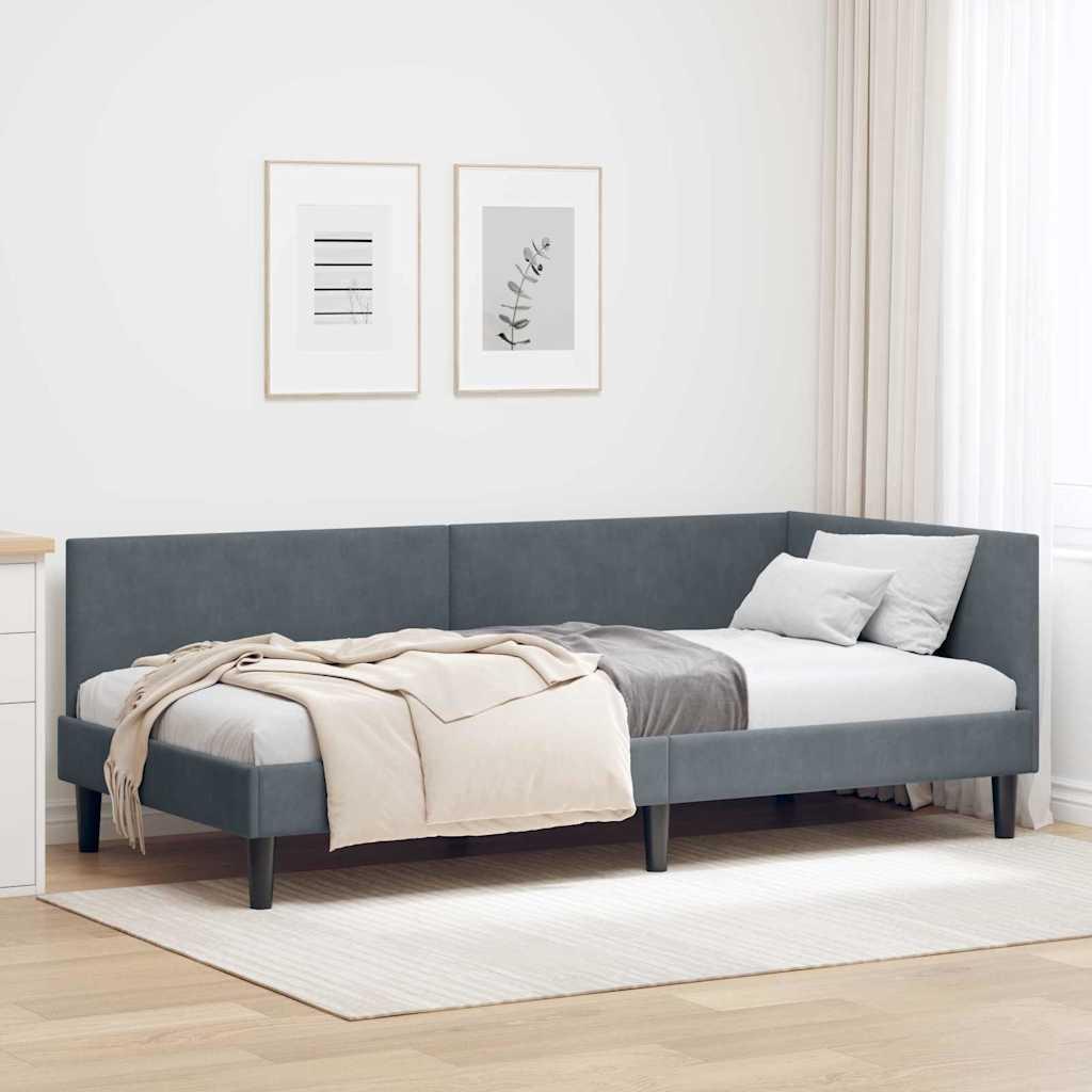 Hjørnesengramme Mørkegrå 100 x 200 cm Velour og konstrueret træ