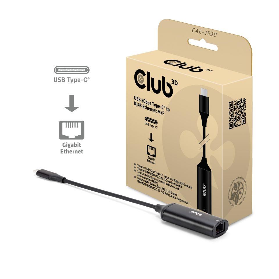 USB-C netværksadapter - Club 3D til RJ45 5 Gbps, 24,5 cm billede