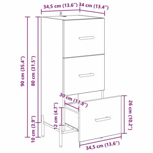 Sidebord i sort eg med 3 skuffer - 34,5 x 34 x 90 cm