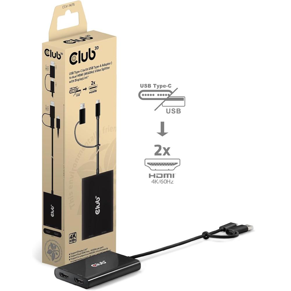 HDMI adapter - Club3D USB?C/USB?A til 2x HDMI 4K 60Hz billede