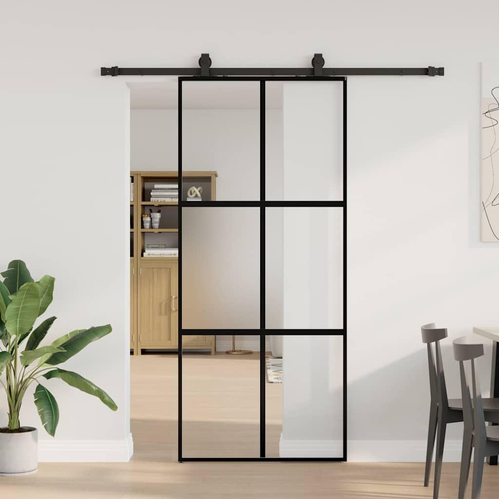 Skydedør med hardwaresæt 90x205 cm hærdet glas sort