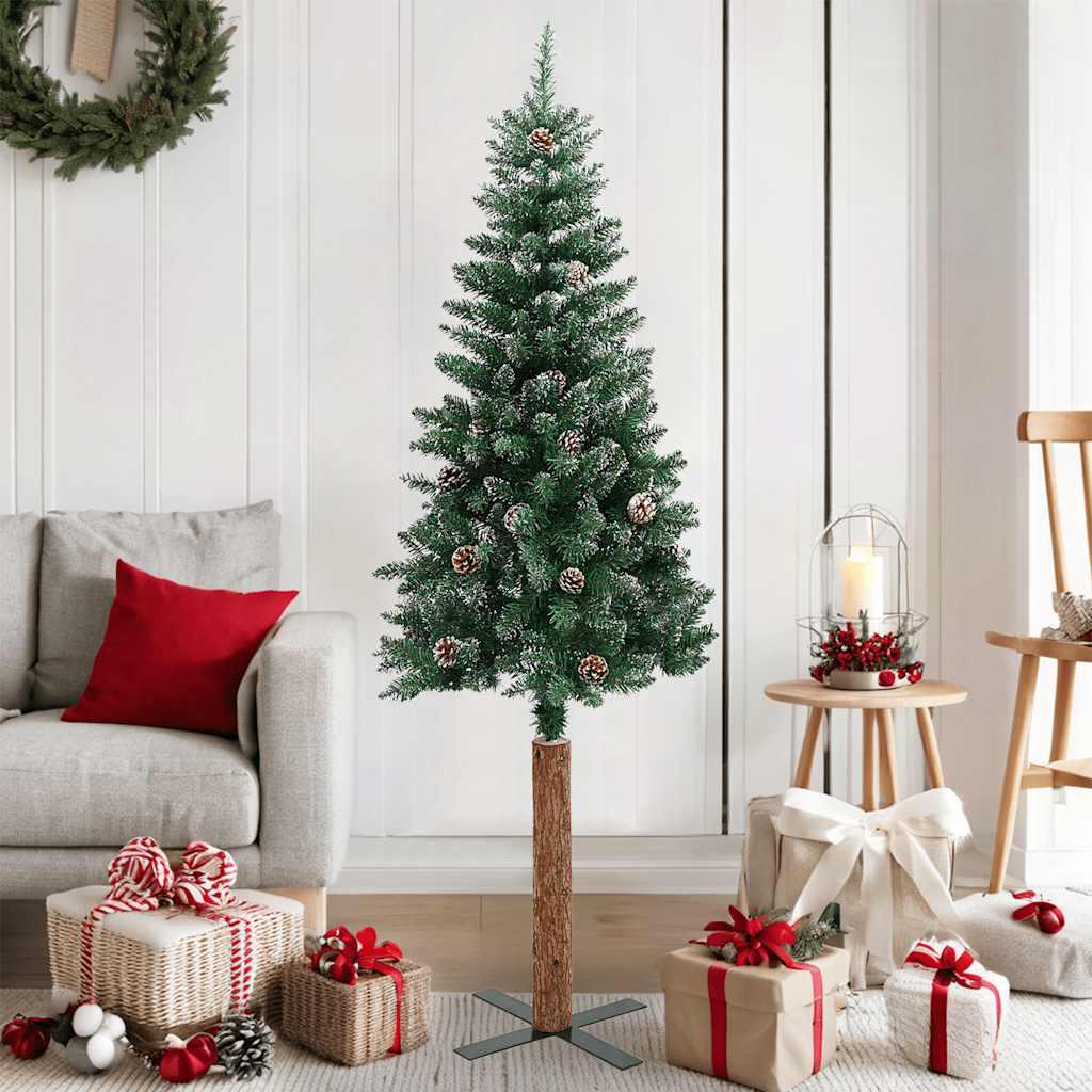 Smalt juletræ med ægte træ og hvid sne 150 cm PVC grøn