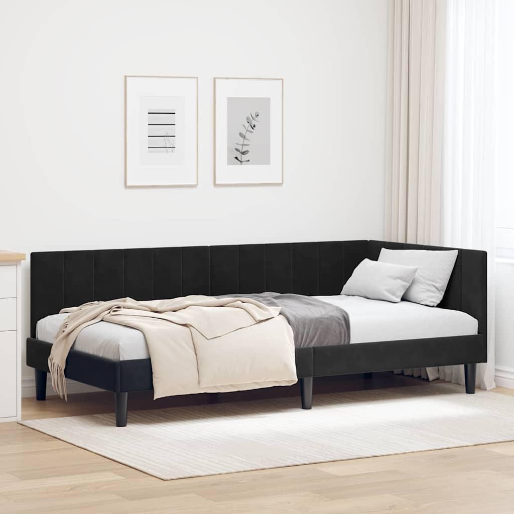 Hjørnesengramme med hovedgærde - sort fløjl 90 x 200 cm