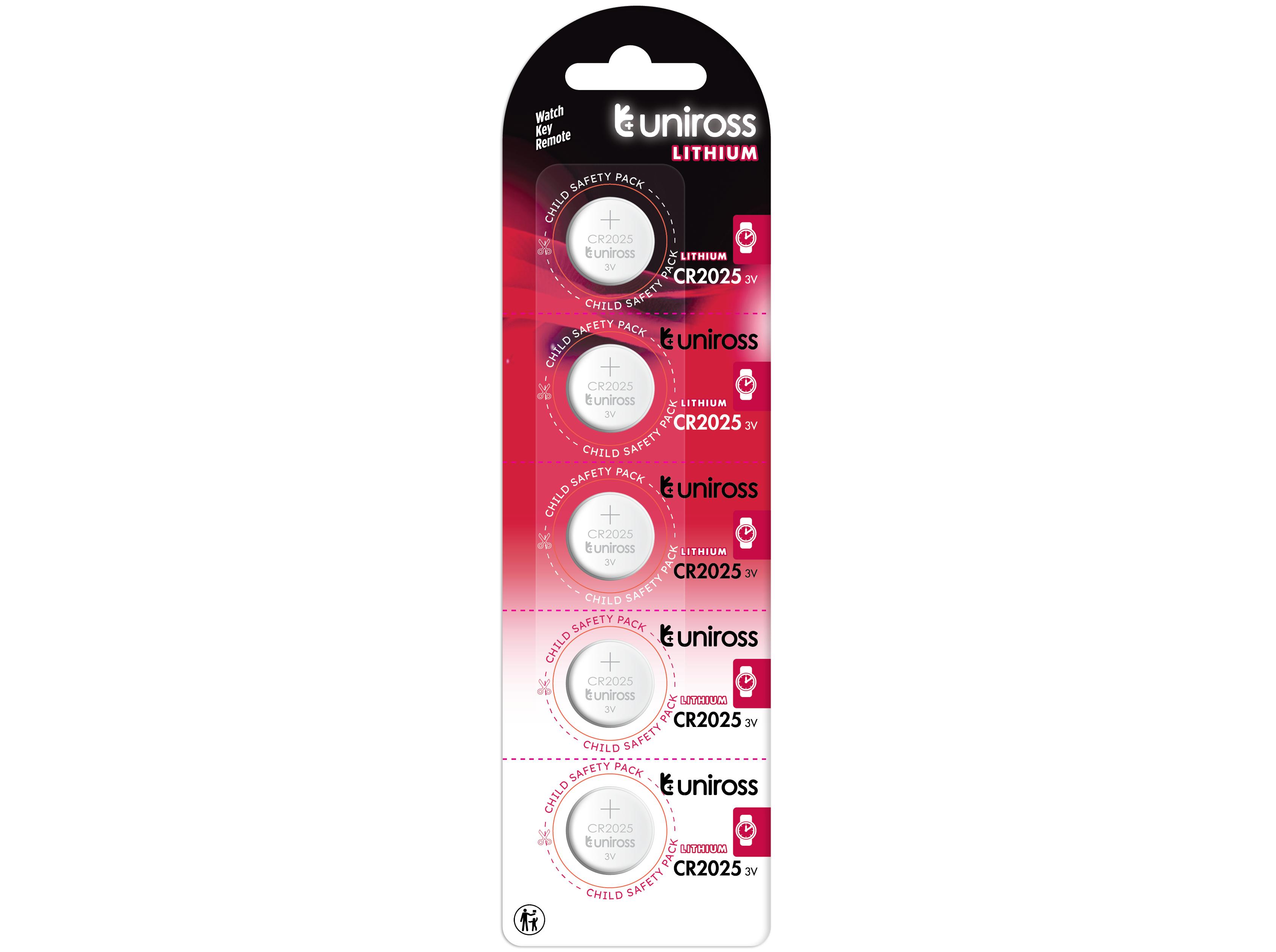 Uniross U5CR2025, Engangsbatteri, CR2025, Lithium, 3 V, 5 stk, 2,5 mm
