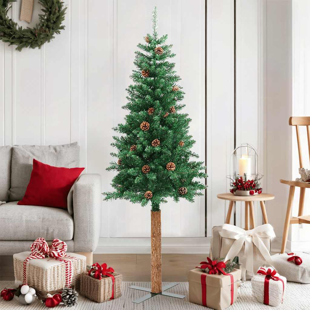 Smalt juletræ med ægte træ og grankogler 150 cm PVC grøn