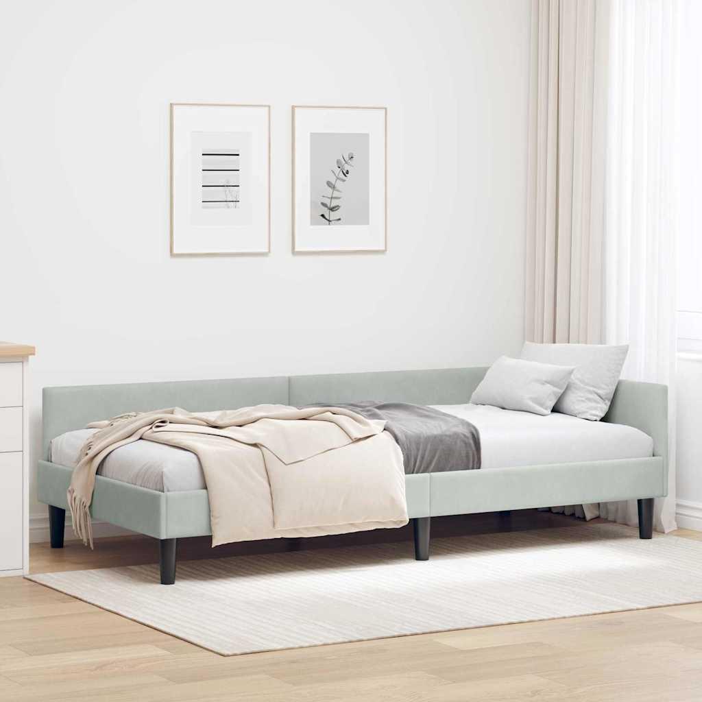 Hjørnesengramme Lysegrå 90 x 190 cm Velour og konstrueret træ