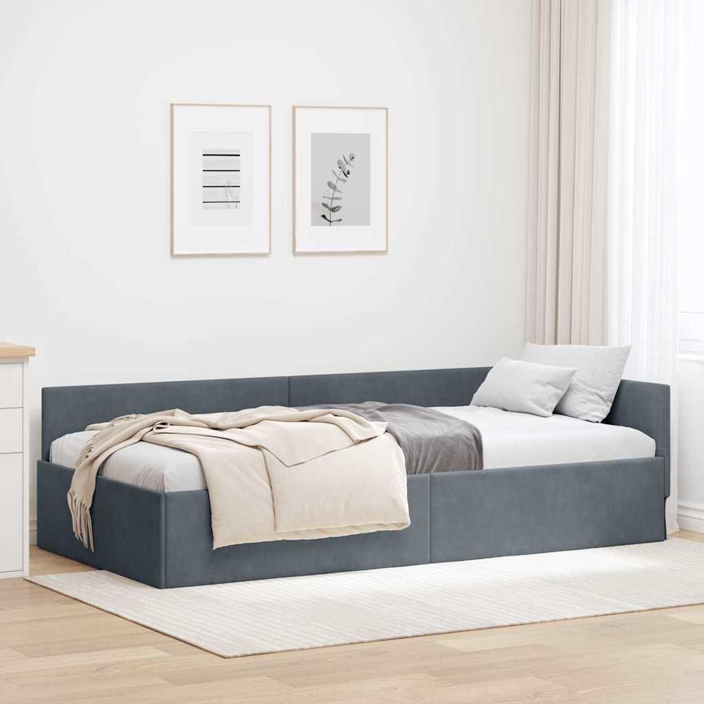 Hjørnesengramme Mørkegrå 100 x 200 cm Velour og konstrueret træ