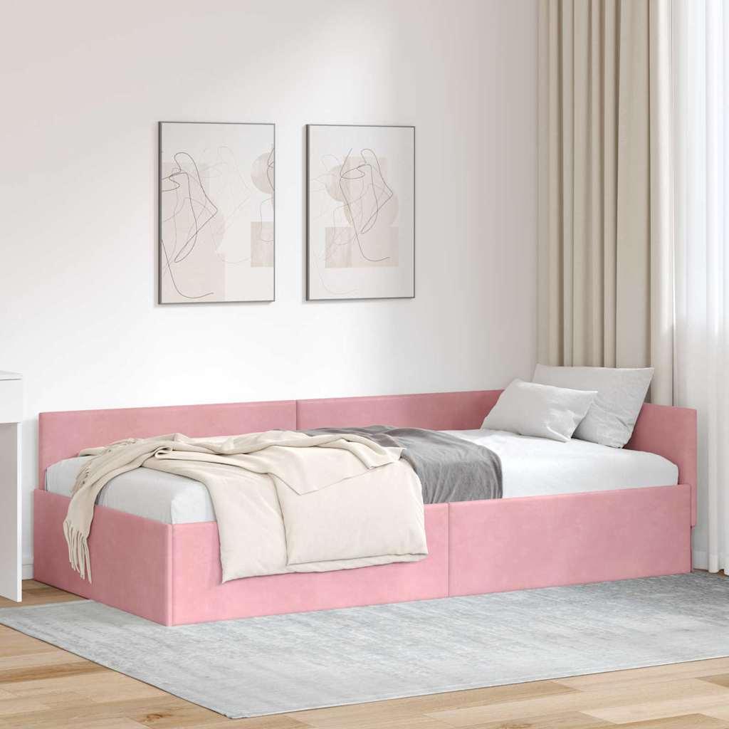 Hjørnesengramme Lyserød 90 x 200 cm Velour og konstrueret træ