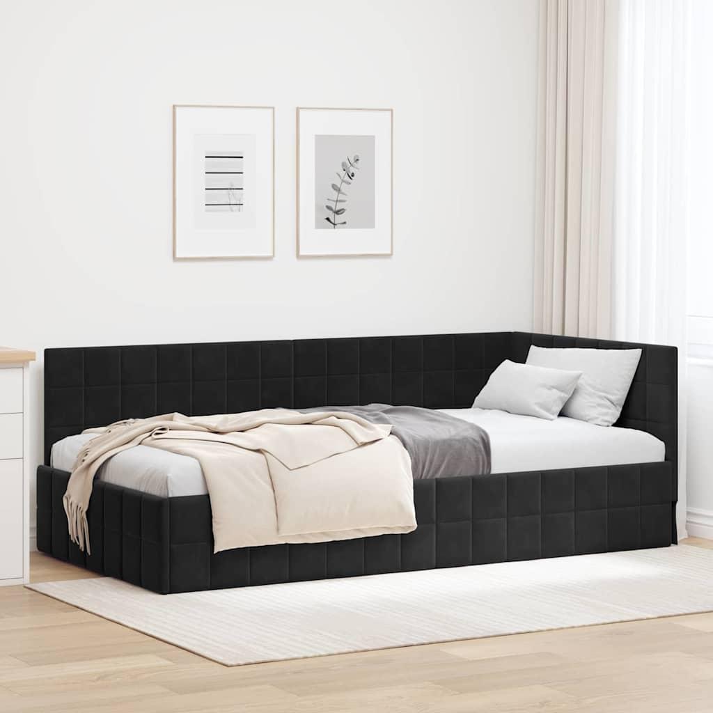 Hjørnesengramme med hovedgærde - sort fløjl 90 x 200 cm