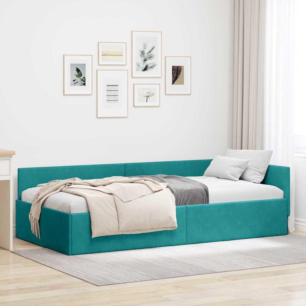 Hjørnesengramme Turkis 90 x 190 cm Velour og konstrueret træ
