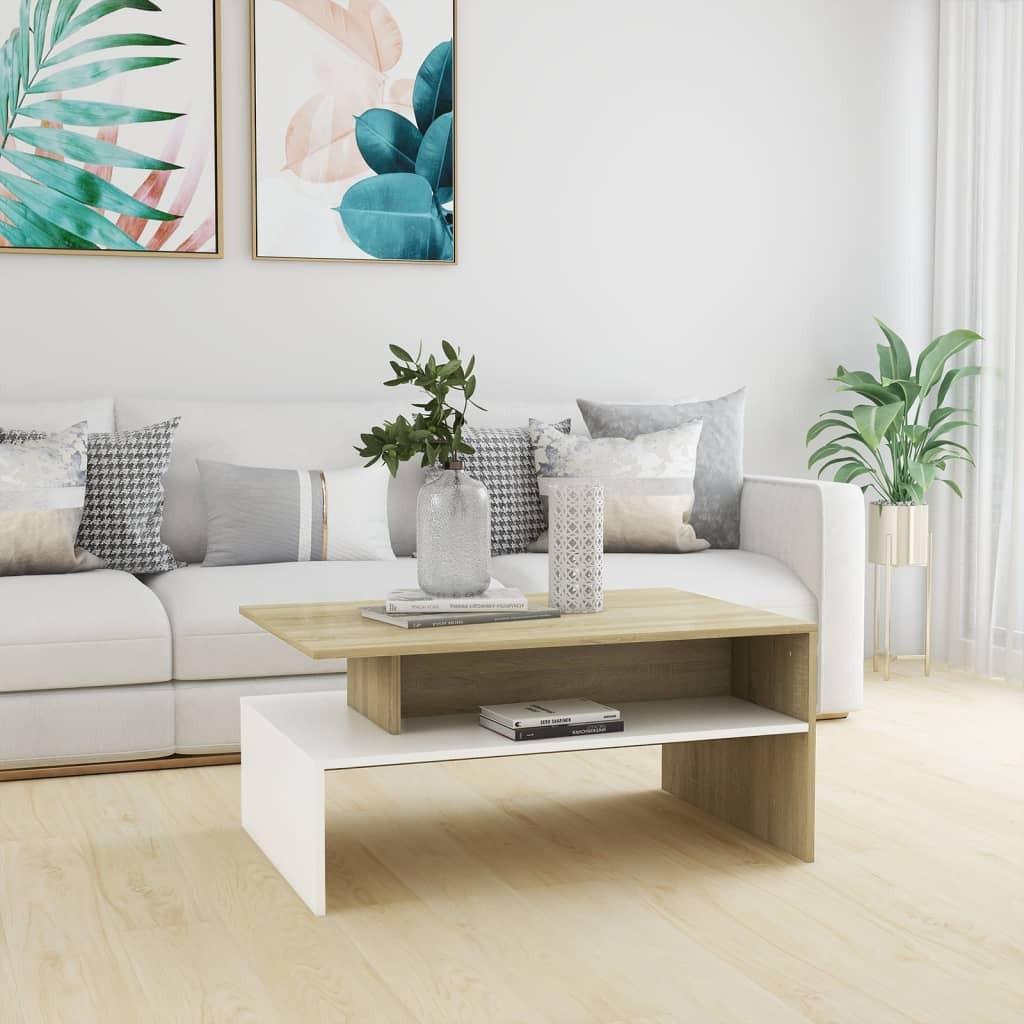 Sofabord 90x60x42,5 cm konstrueret træ hvid og sonoma-eg