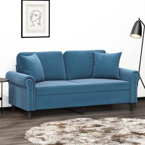 2-personers sofa i velour med pyntepuder - blå, sædebredde 140 cm