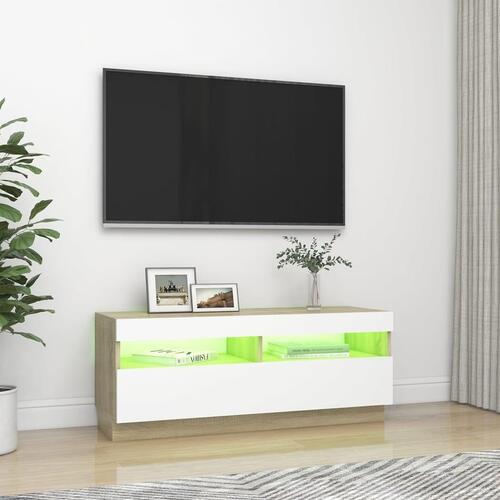 Tv-bord med LED-lys 100x35x40 cm hvid og sonoma-eg