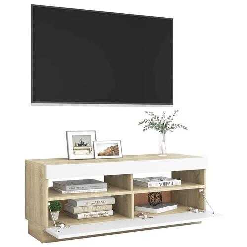 Tv-bord med LED-lys 100x35x40 cm hvid og sonoma-eg