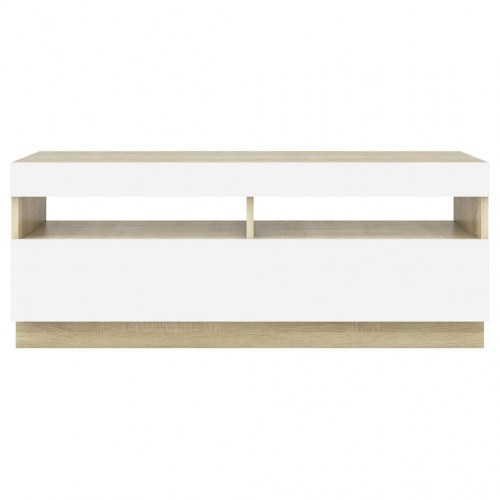 Tv-bord med LED-lys 100x35x40 cm hvid og sonoma-eg