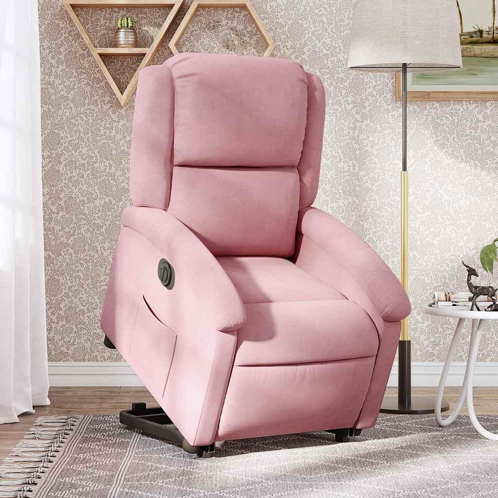 Løftestol i velour lyserød med elektrisk løftefunktion