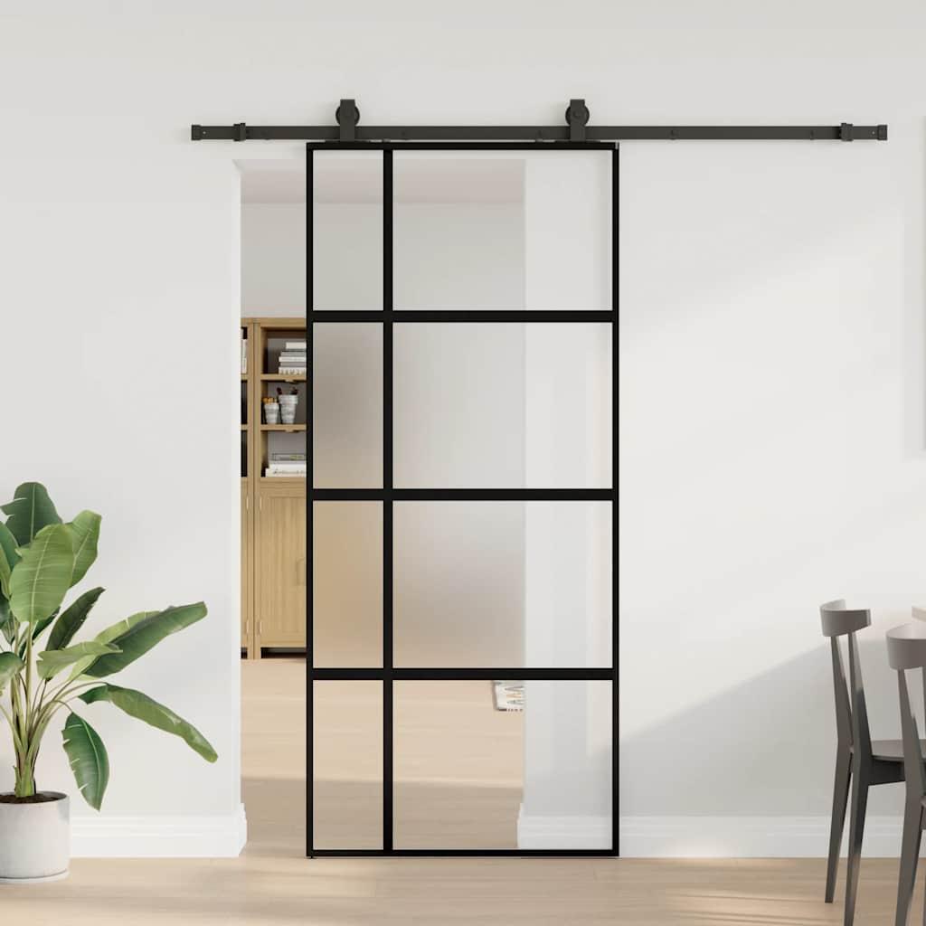 Skydedør 90×205 cm i hærdet glas - sort med hardwaresæt