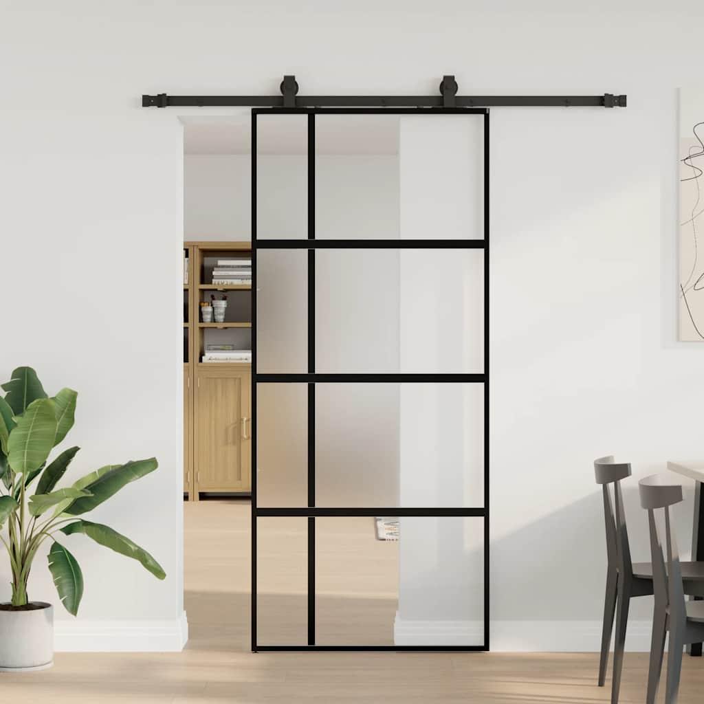 Skydedør med hardwaresæt 90x205 cm hærdet glas sort