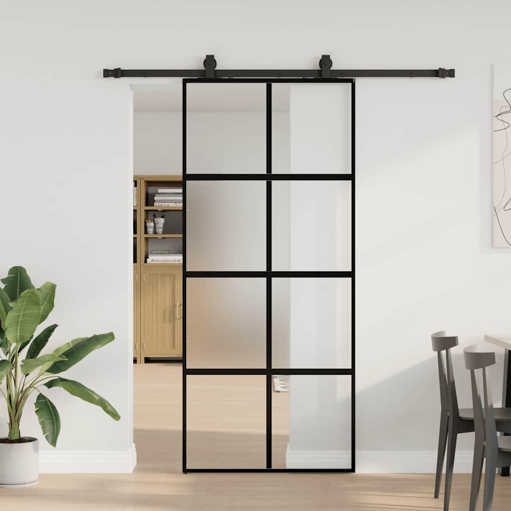 Skydedør med hardwaresæt 90x205 cm hærdet glas sort
