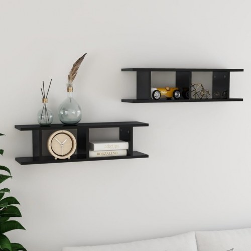 Væghylder 2 stk. 78x18x20 cm konstrueret træ sort højglans