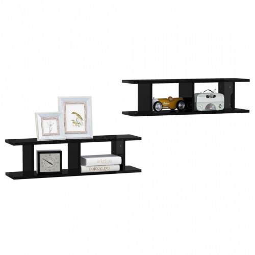 Væghylder 2 stk. 78x18x20 cm konstrueret træ sort højglans