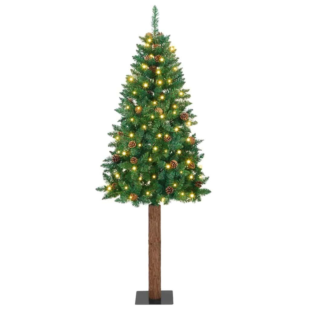 Slankt juletræ med LED-lys på stativ - grøn 180 cm, PVC og massiv fyrretræ