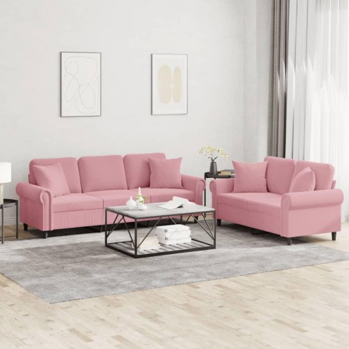 Sofasæt i velour med puder - 2- og 3-personers, lyserød