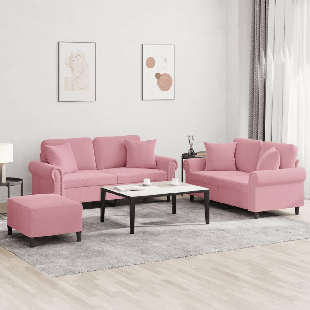 SofasÃ¦t i velour med puder - 3 dele, lyserÃ¸d