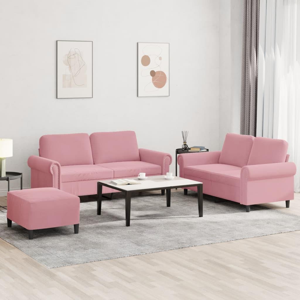 Sofasæt 3 dele med hynder velour lyserød