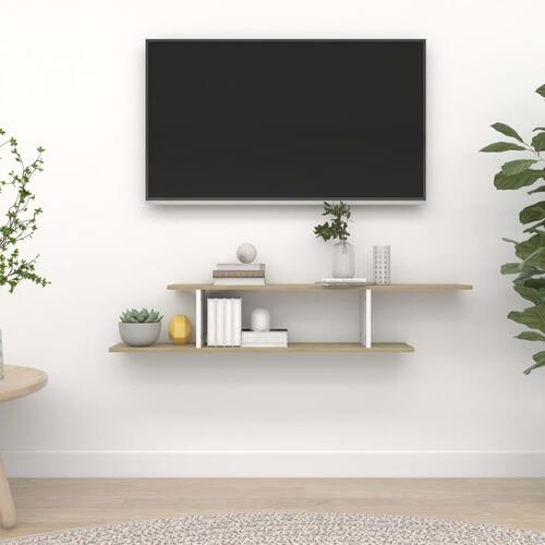 Væghængt tv-hylde 125x18x23 cm spånplade hvid og sonoma-eg