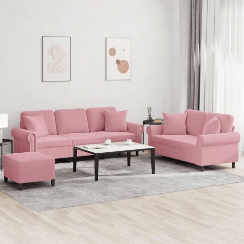 Sofasæt i velour med puder - 3 dele, lyserød