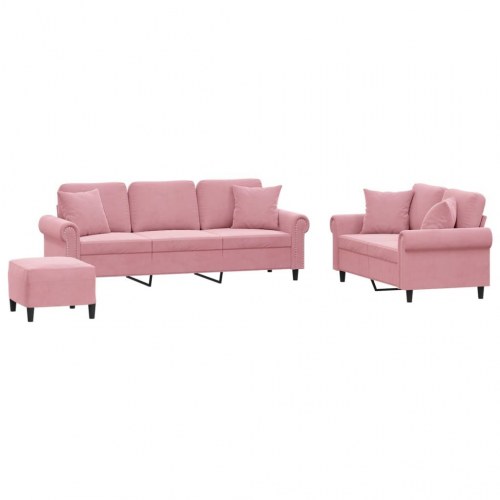 Sofasæt i velour med puder - 3 dele, lyserød