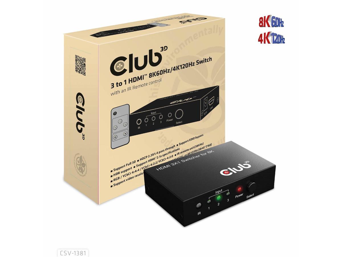 HDMI switch 3 til 1 - Club3D CSV-1381, 8K60/4K120 med fjernbetjening billede
