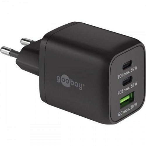 Hurtig vægoplader 65 W med 2x USB-C PD + USB-A – Goobay (sort)