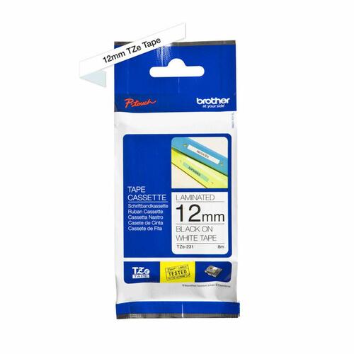 Etikettape Brother TZe-231 lamineret 12 mm - sort på hvid, 8 m
