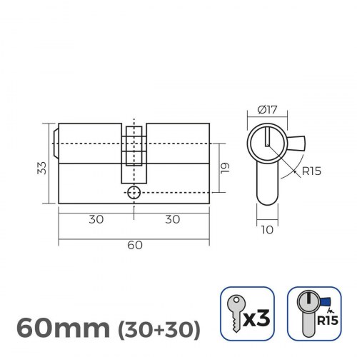 Cylinderrør-lås 60 mm (30+30) EDM - gylden kobber