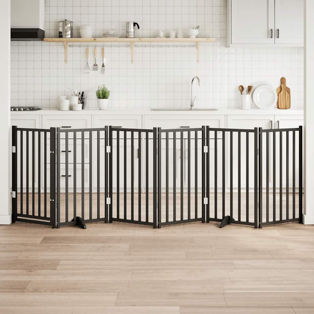 Hundelåge m. dør 6 paneler 300 cm foldbar massivt gran sort