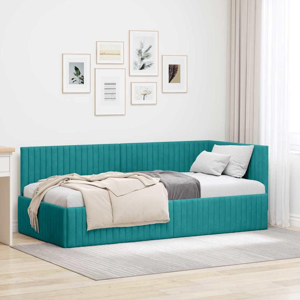 Hjørnesengramme med hovedgærde Turkis 90 x 200 cm Fløjl