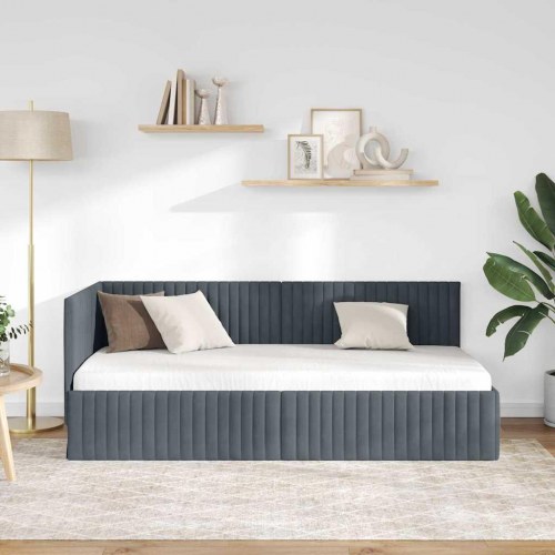 Hjørnesengramme 90 x 200 cm i mørkegrå fløjl