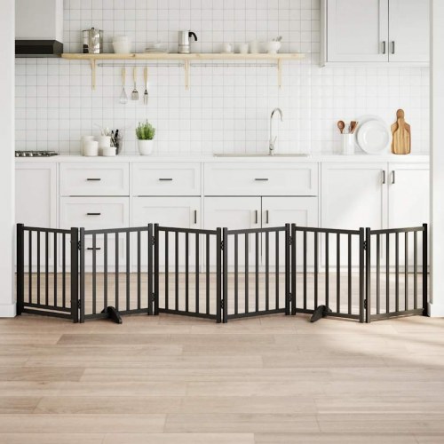 Hundelåge m. dør 6 paneler 300 cm foldbar massivt gran sort