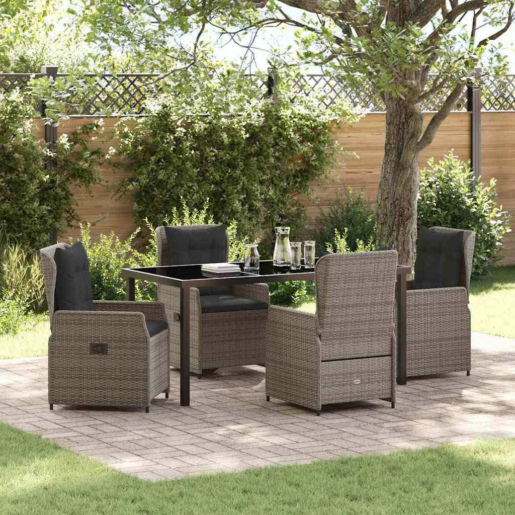 Have spisebordssæt i grå polyrattan - 5 dele med glasbord og reclinerstole