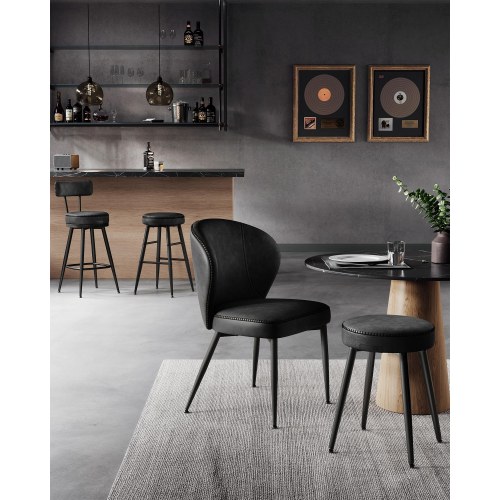 Barstole 2-pak EKHO, 360° drej, ryglæn, kunstlæder, mid-century, 65 cm sædehøjde, ink sort